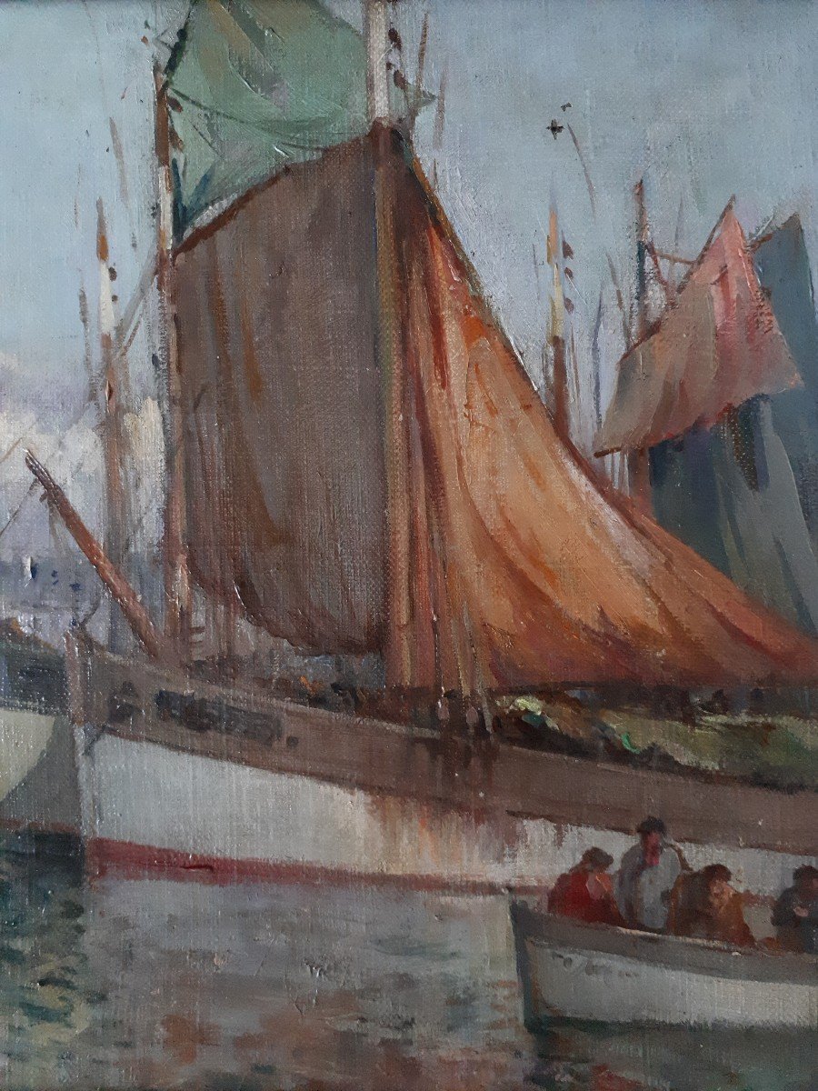 François Gueho (1881-1951) Oil On Canvas Marine Breton Port Brittany-photo-1