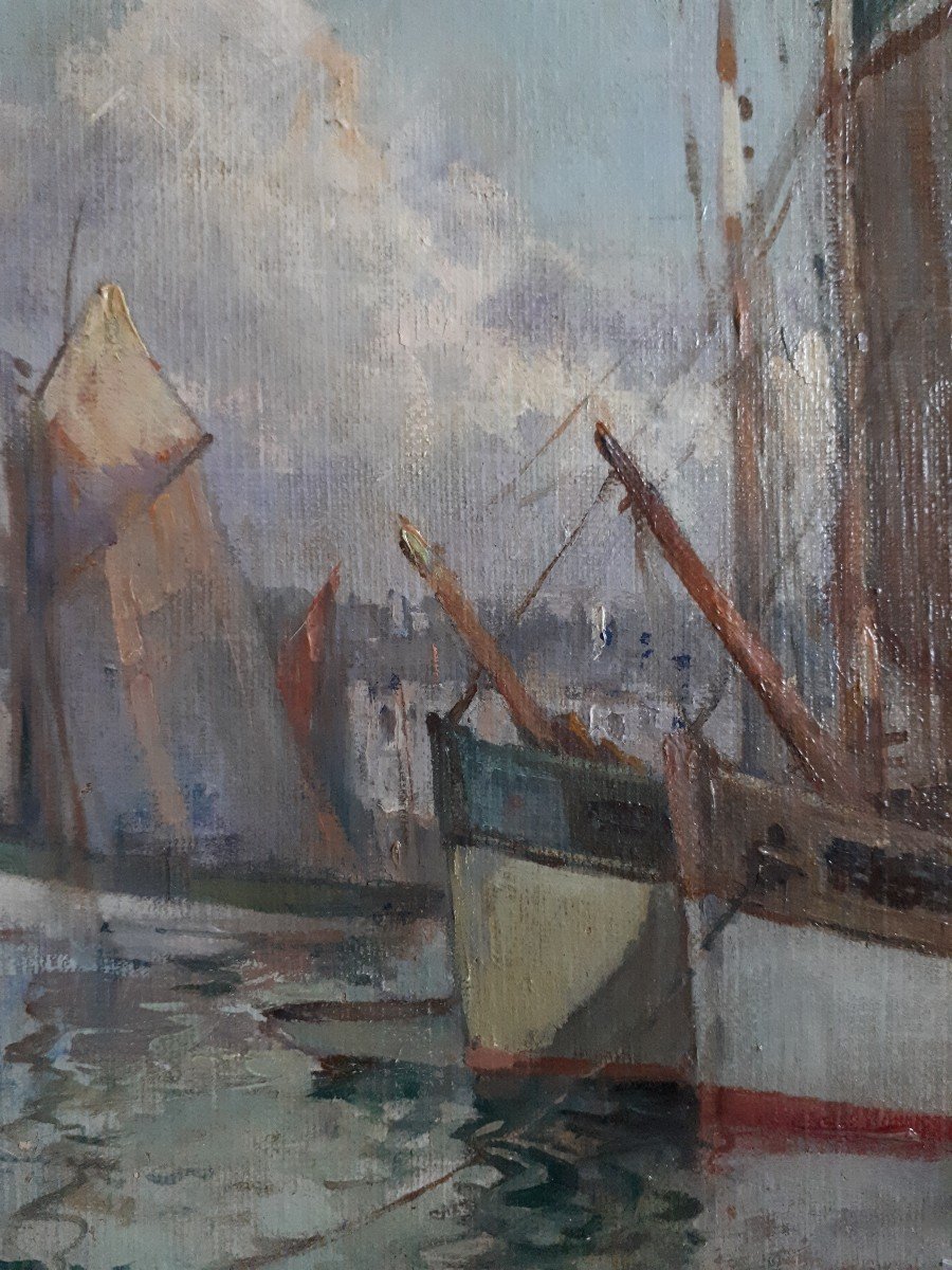 François Gueho (1881-1951) Oil On Canvas Marine Breton Port Brittany-photo-3