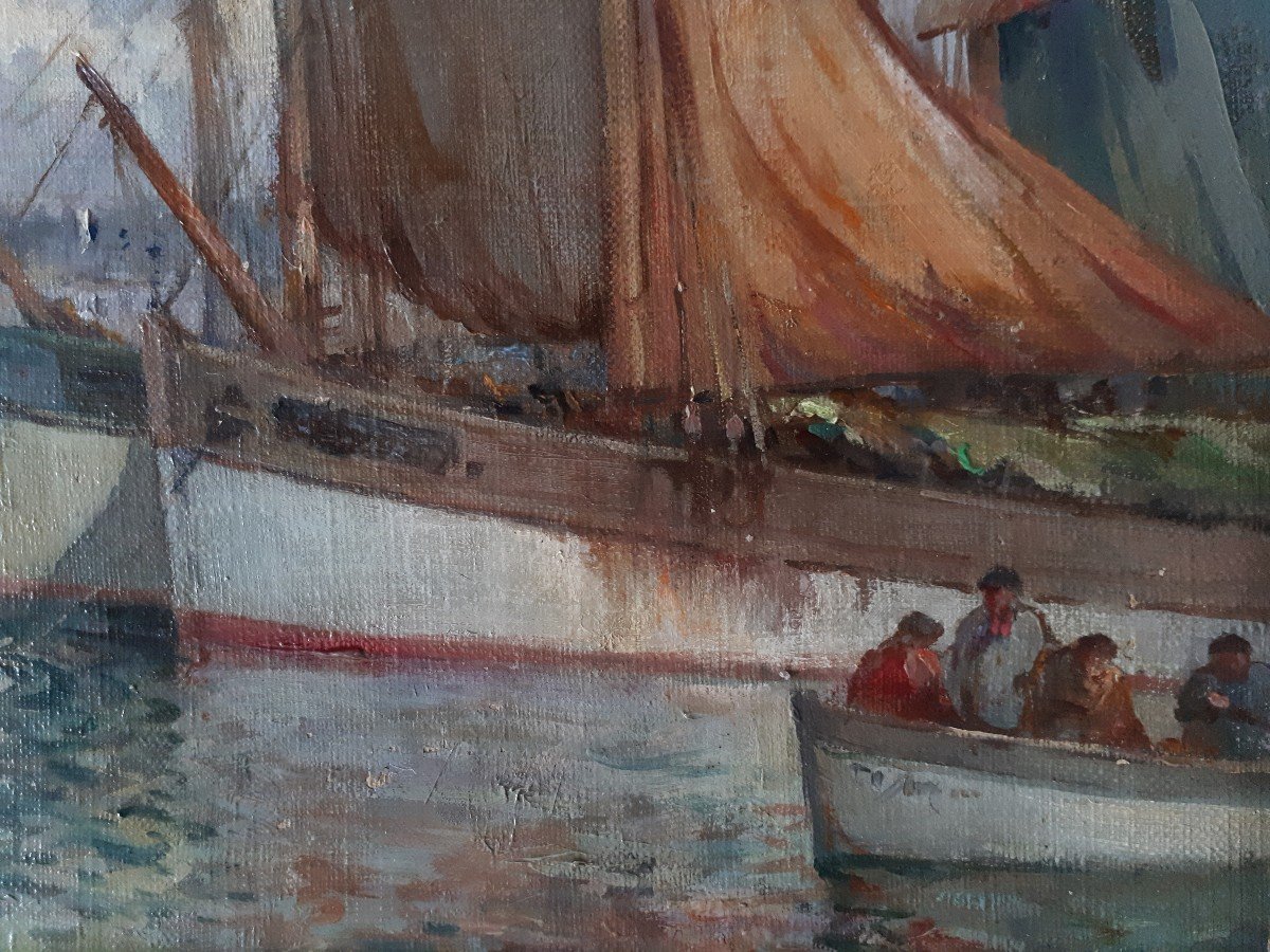 François Gueho (1881-1951) Oil On Canvas Marine Breton Port Brittany-photo-4