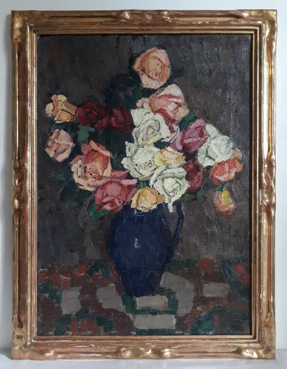 Léontine Darriet (born In 1872) Oil On Canvas Still Life With Bouquet Of Flowers
