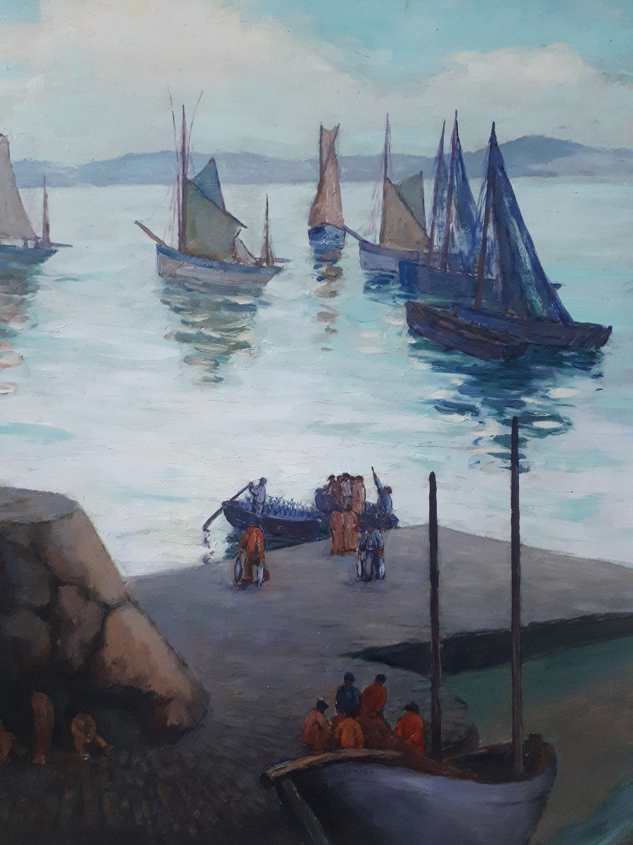 Louis Rodolphe DEFONTAINE (1878-1962) huile sur panneau marine port retour de pêche-photo-3