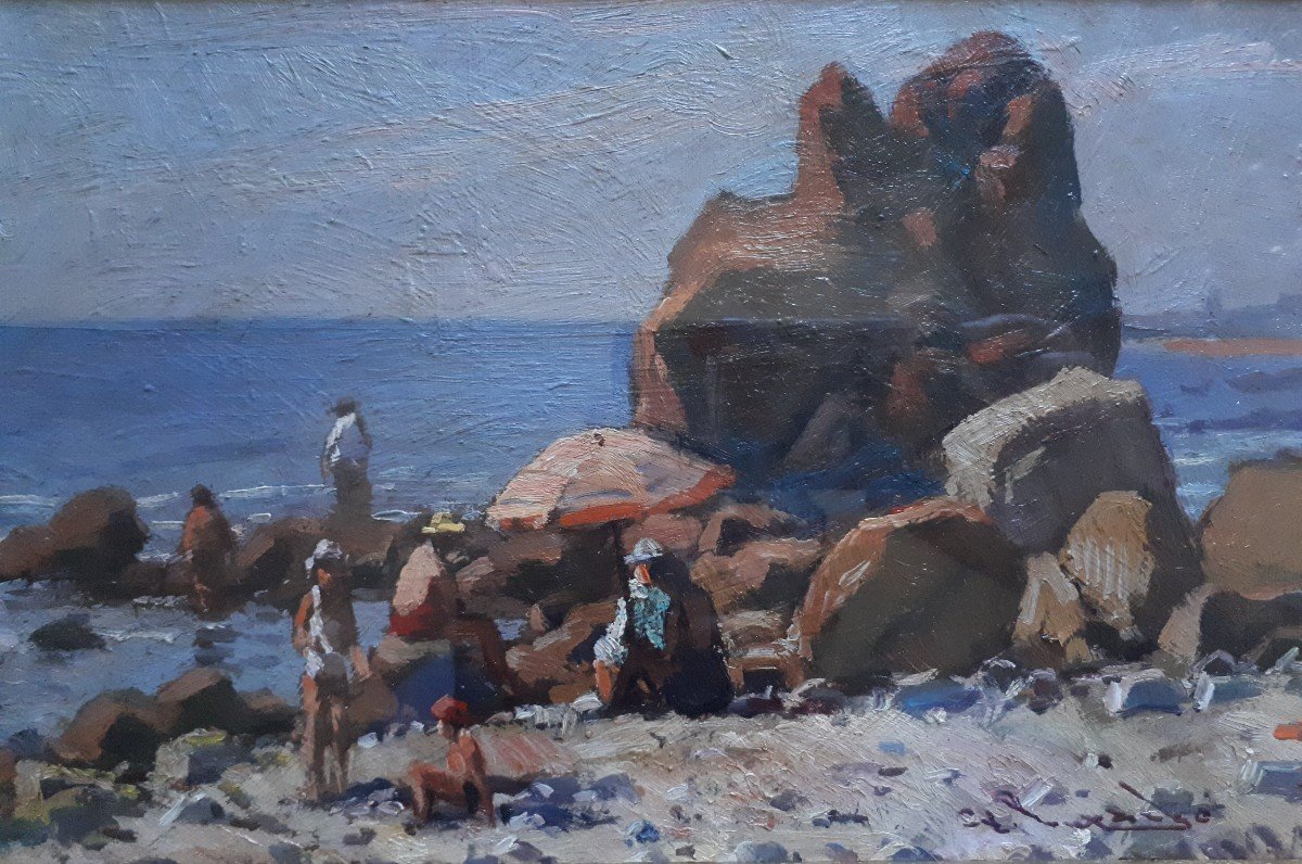 Giorgio LUXARDO (né en 1932) huile sur panneau scène de plage bord de mer Italie-photo-3