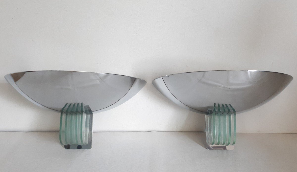 Pair Of Chrome Metal And Glass Wall Lights Lumess 1970