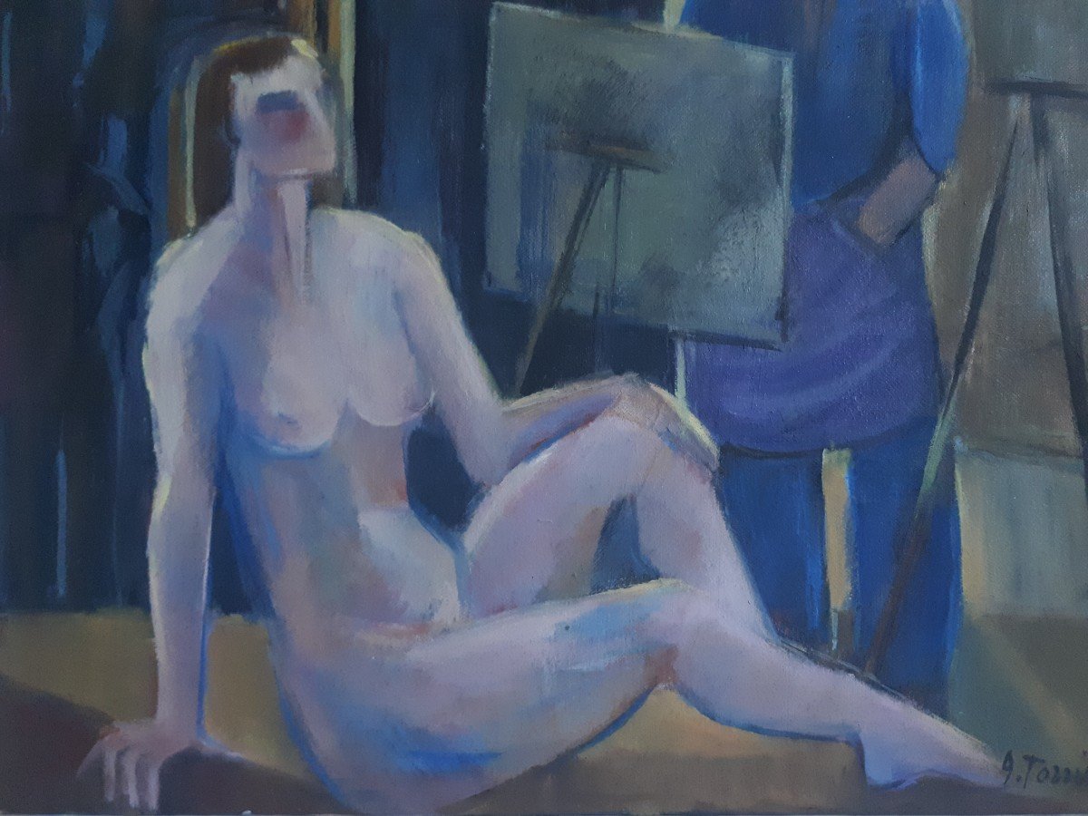 Amy Torrilhon (born In 1925) Painters' Workshop Female Nude Oil On Canvas Cubism-photo-2