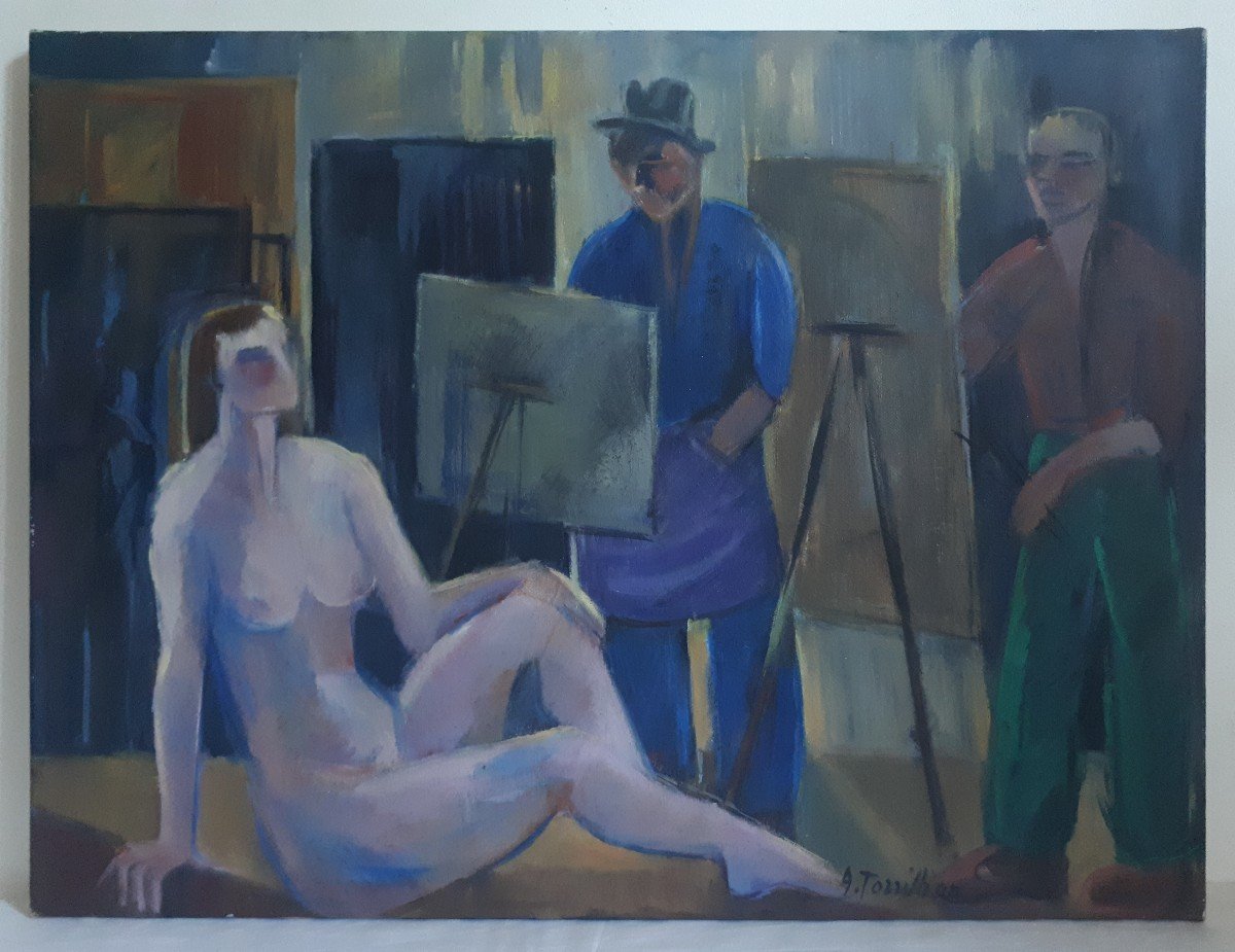 Amy TORRILHON (née en 1925) atelier de peintres nu féminin huile sur toile cubisme