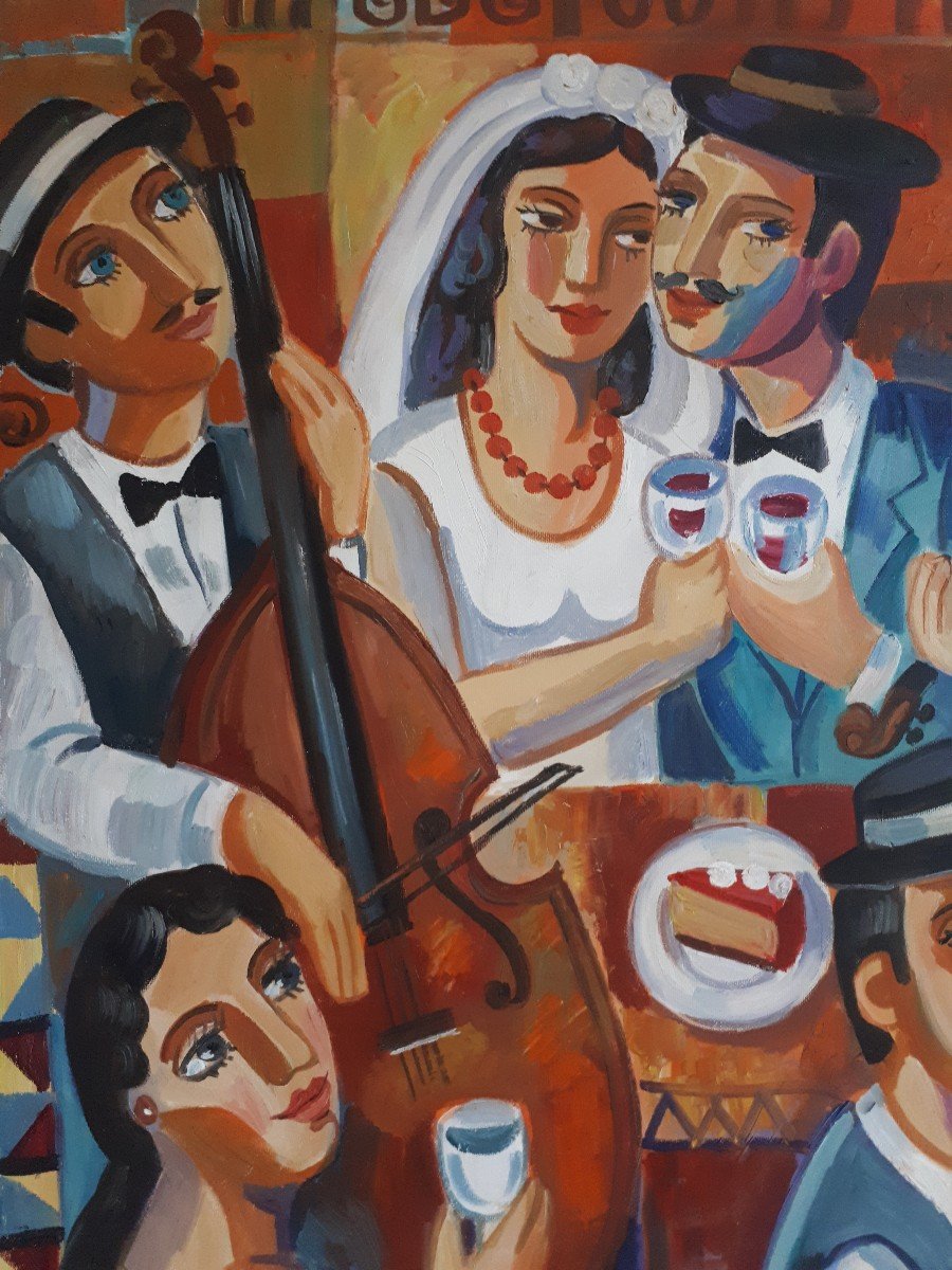 Samuel Veksler (born In 1966) Oil On Canvas Wedding Scene Musicians-photo-2