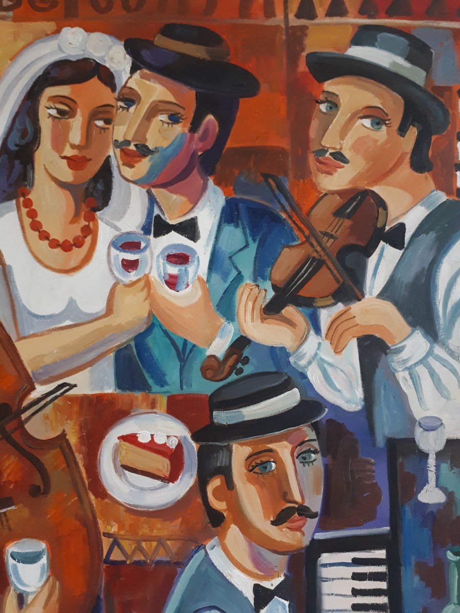 Samuel Veksler (born In 1966) Oil On Canvas Wedding Scene Musicians-photo-3