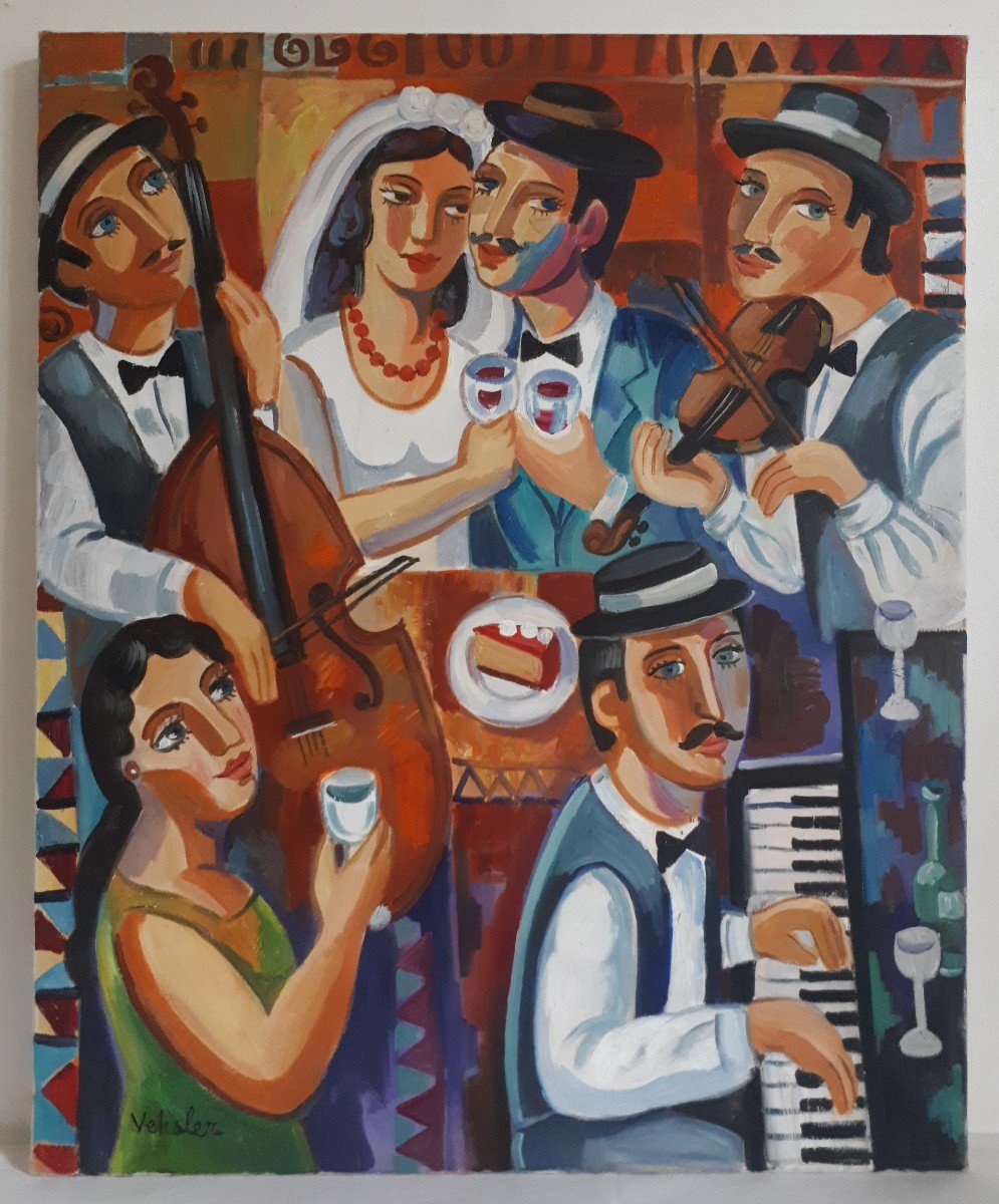 Samuel Veksler (born In 1966) Oil On Canvas Wedding Scene Musicians