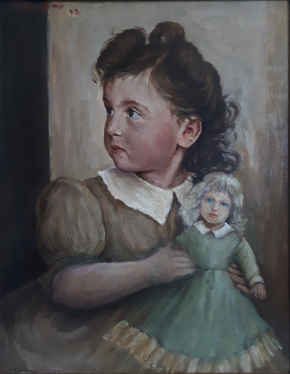 Portrait de fillette et sa poupée huile sur toile 1942 (signé) école italienne-photo-2