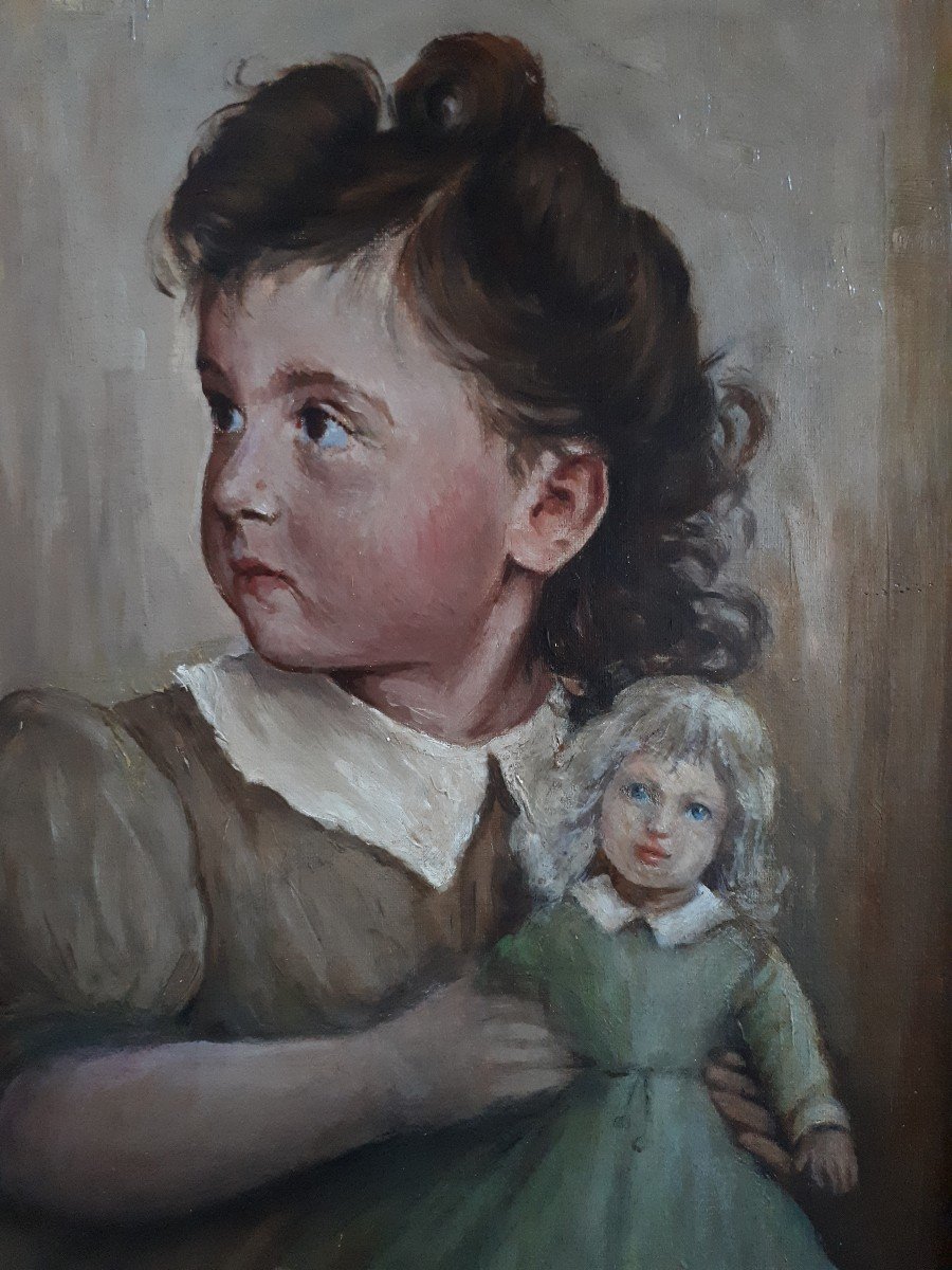 Portrait de fillette et sa poupée huile sur toile 1942 (signé) école italienne-photo-3