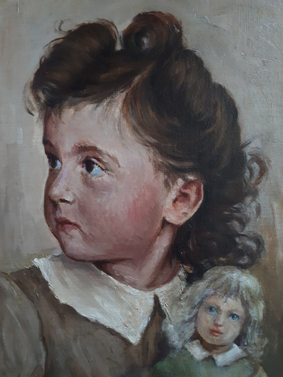 Portrait de fillette et sa poupée huile sur toile 1942 (signé) école italienne-photo-4