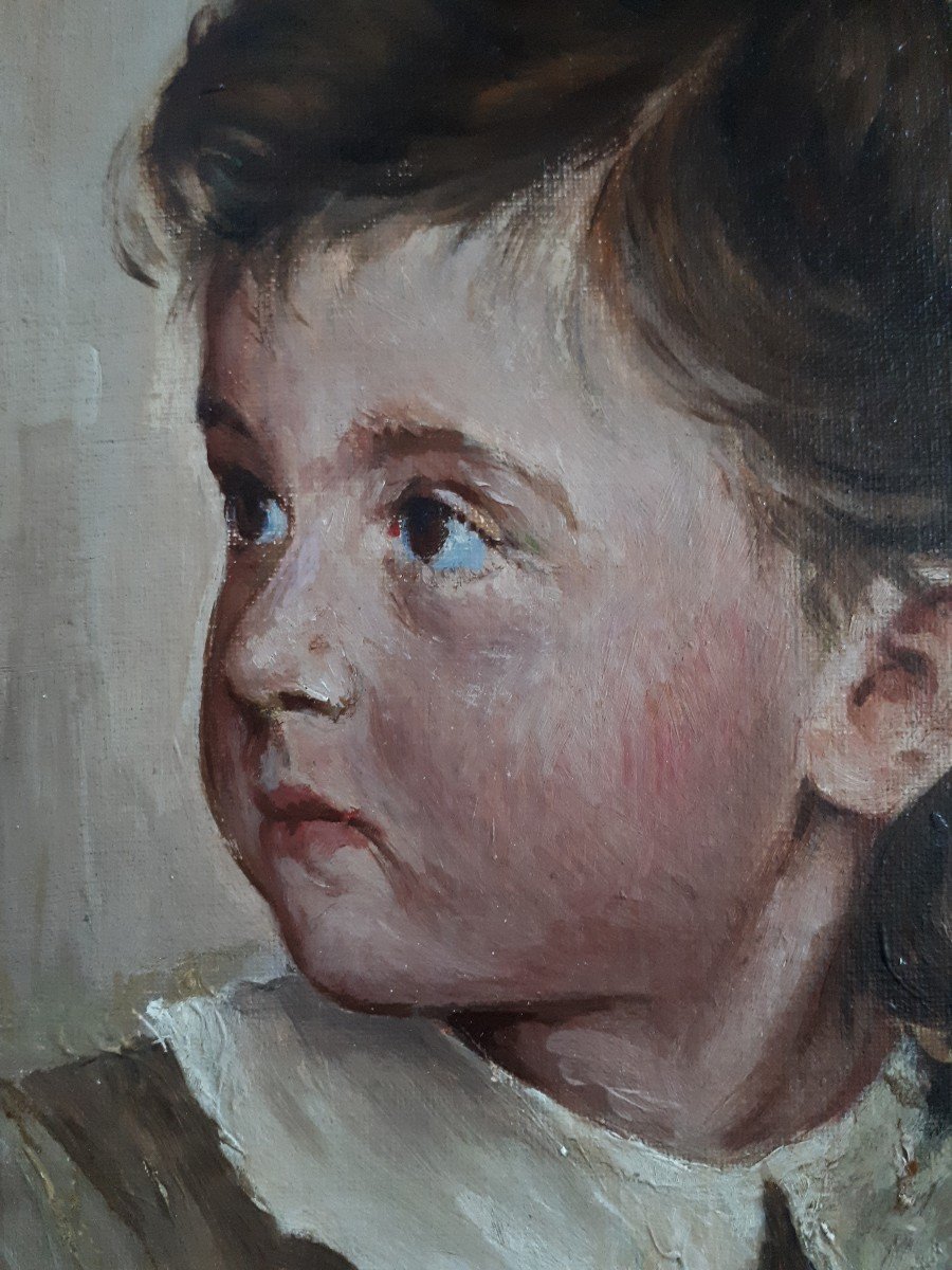 Portrait de fillette et sa poupée huile sur toile 1942 (signé) école italienne-photo-1