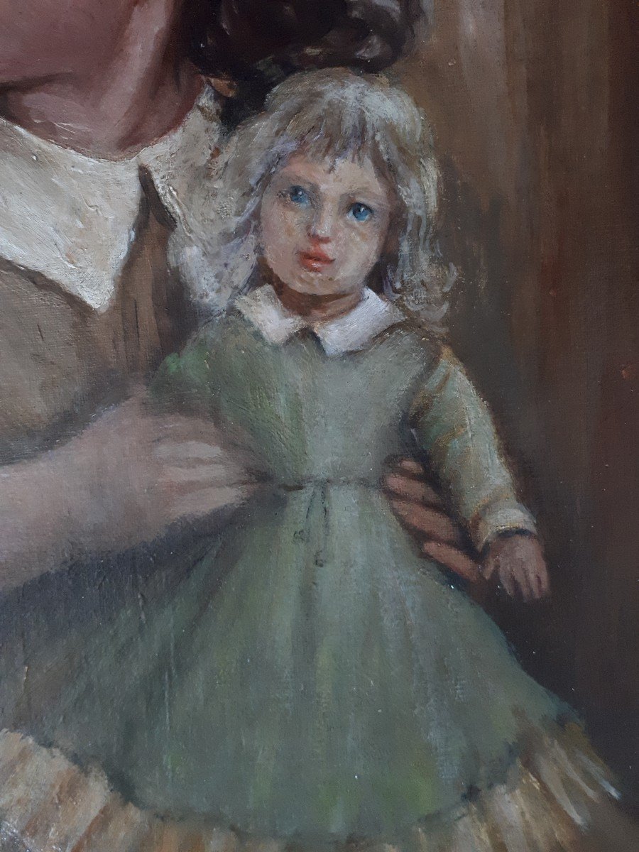 Portrait de fillette et sa poupée huile sur toile 1942 (signé) école italienne-photo-3