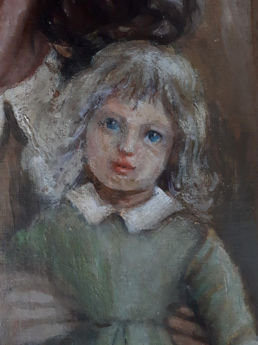 Portrait de fillette et sa poupée huile sur toile 1942 (signé) école italienne-photo-4