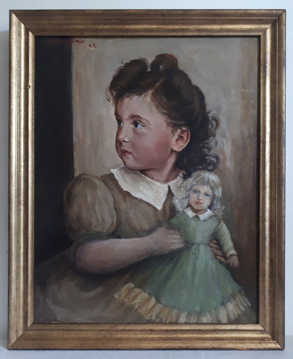 Portrait de fillette et sa poupée huile sur toile 1942 (signé) école italienne