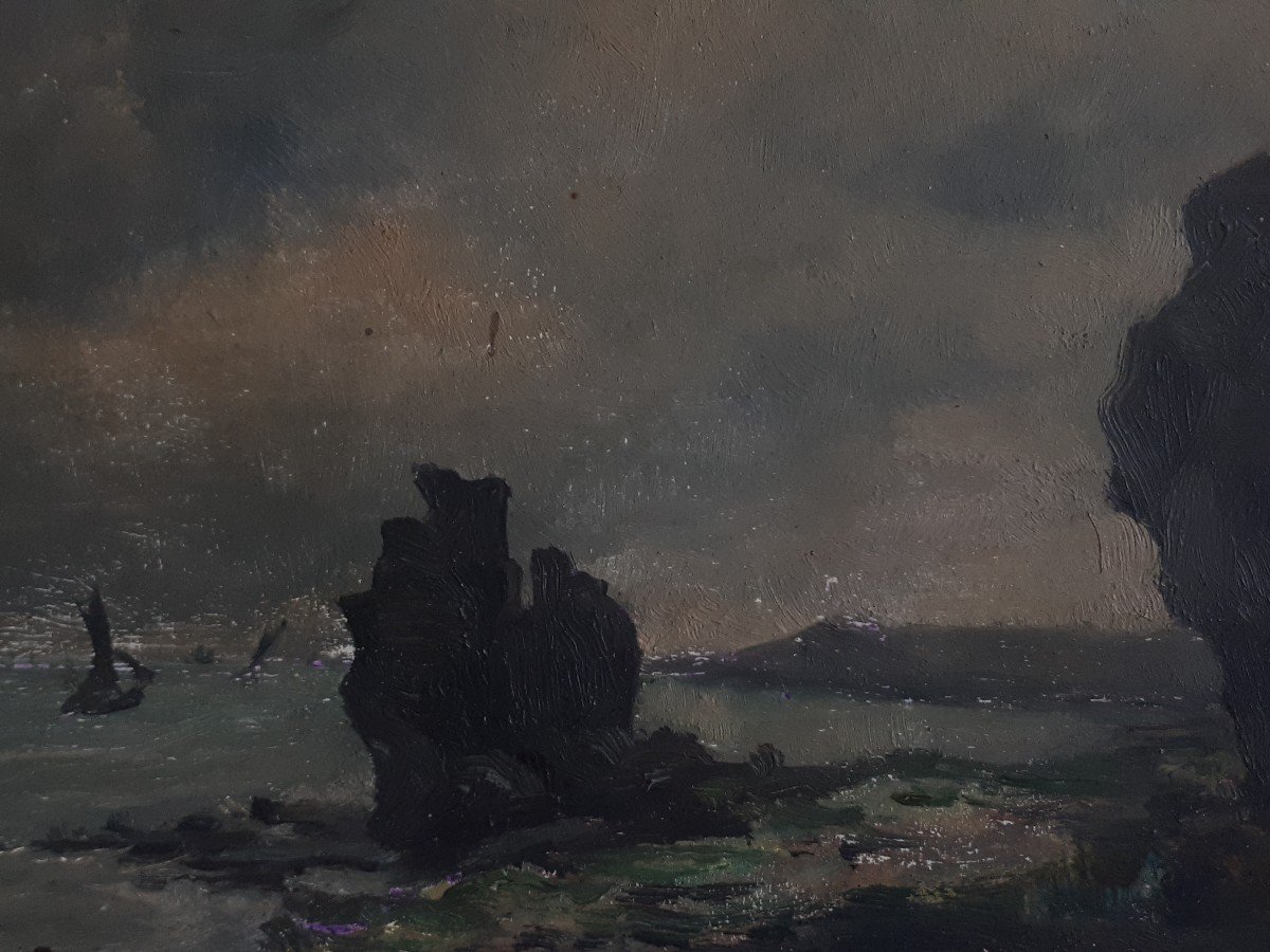 Franck CINOT (1851-1890) huile sur bois paysage marin-photo-2