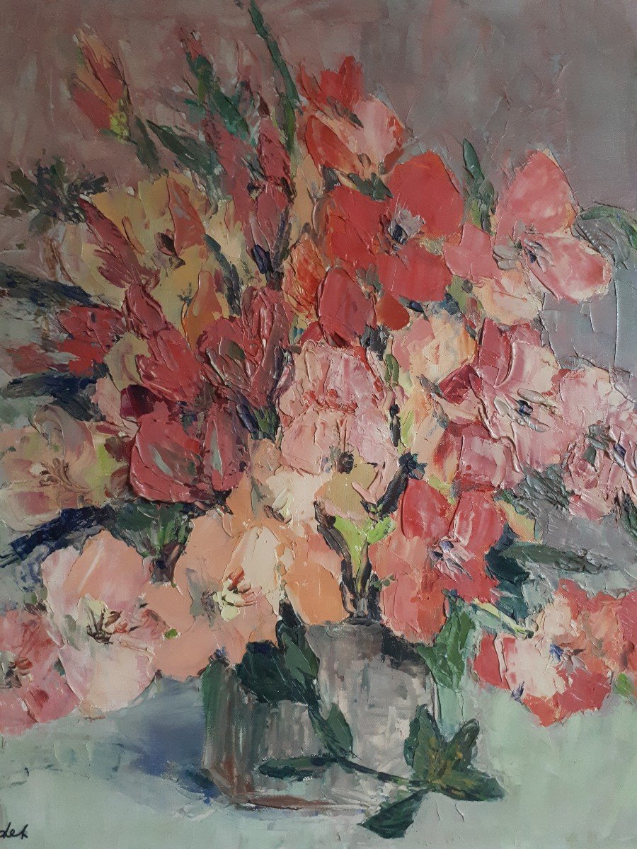 Rose-Marie BANDET (1922-2015) huile sur toile nature morte aux fleurs glaïeuls-photo-2