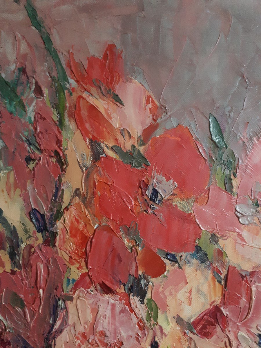 Rose-Marie BANDET (1922-2015) huile sur toile nature morte aux fleurs glaïeuls-photo-3