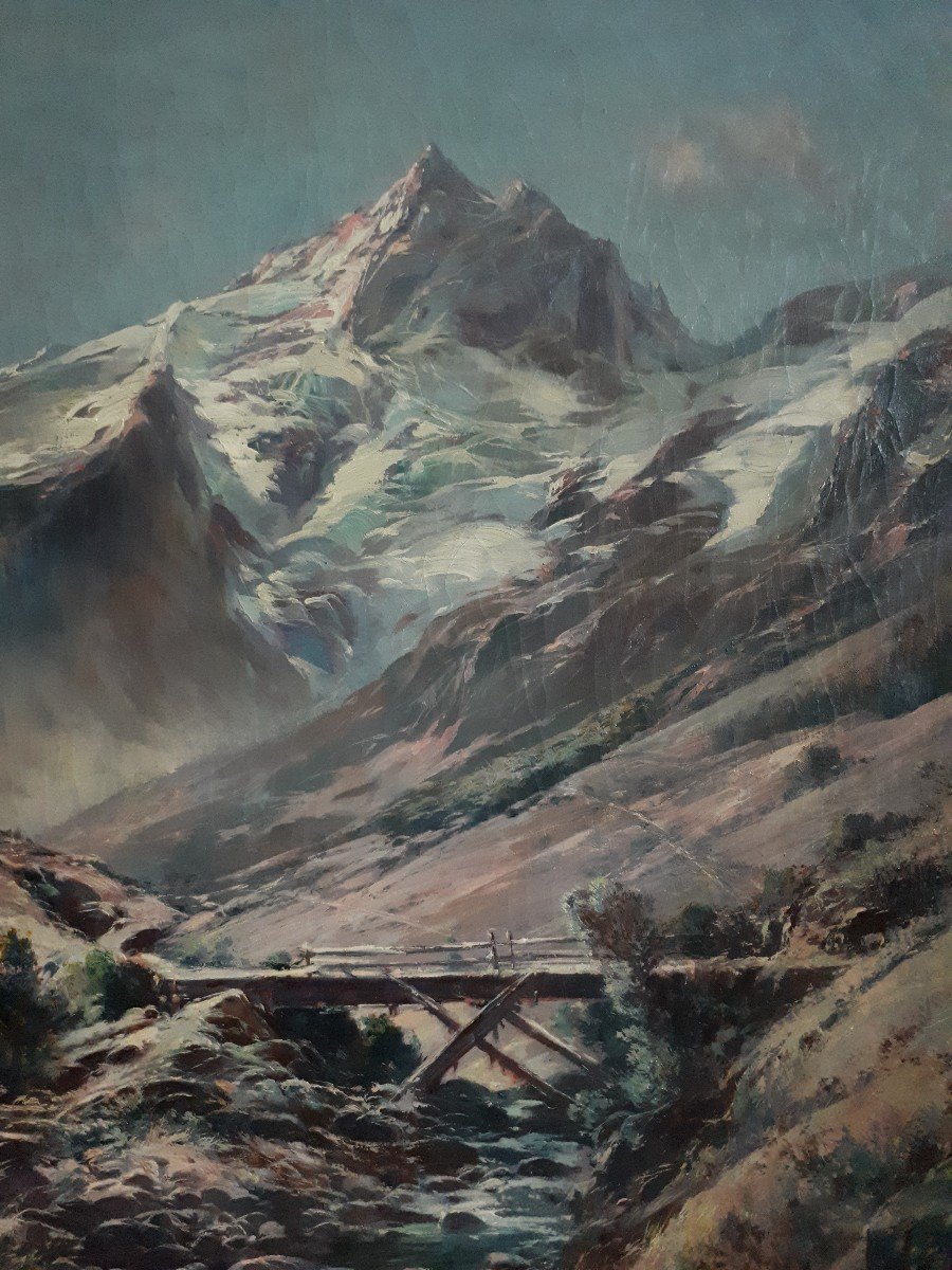 Jules IZIER huile sur toile la Meije le Chazelet le torrent paysage de montagne Alpes-photo-3