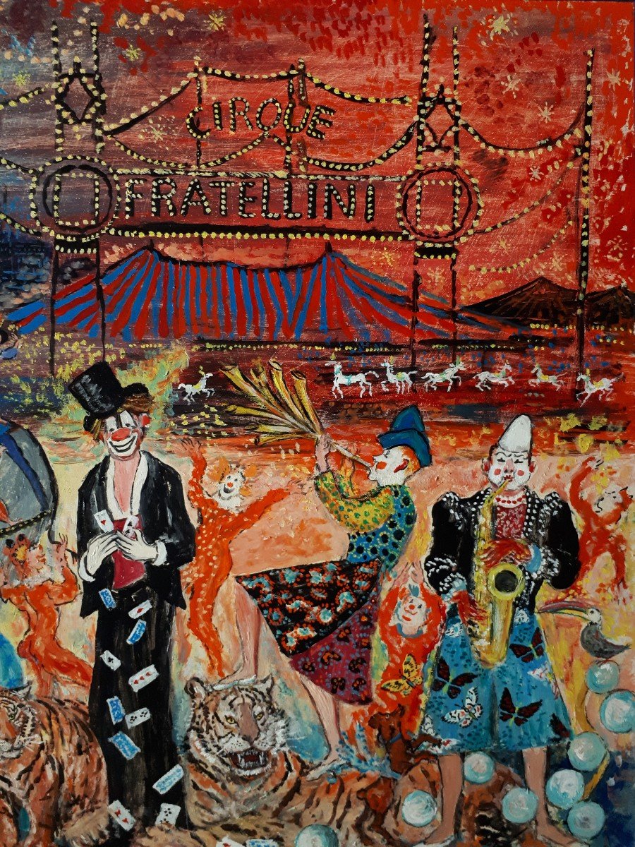 Mireille Richefort Oil On Panel Circus Scene - The Fratellini Clowns - Naive Art-photo-4