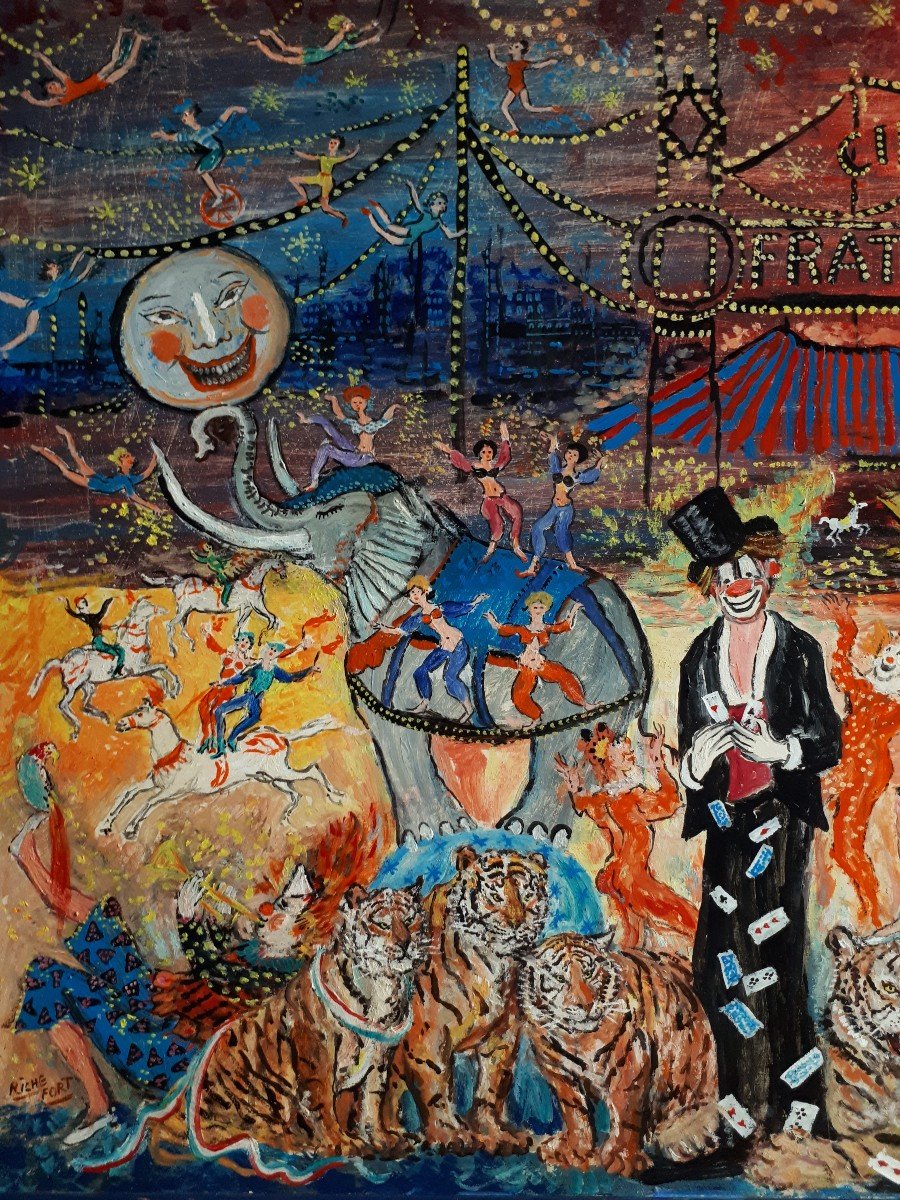 Mireille Richefort Oil On Panel Circus Scene - The Fratellini Clowns - Naive Art-photo-2