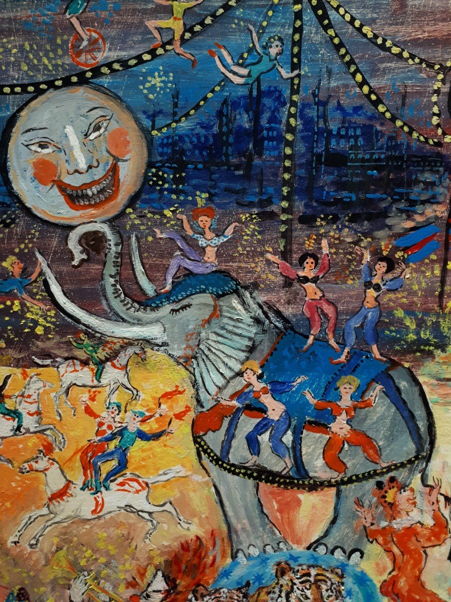 Mireille Richefort Oil On Panel Circus Scene - The Fratellini Clowns - Naive Art-photo-1