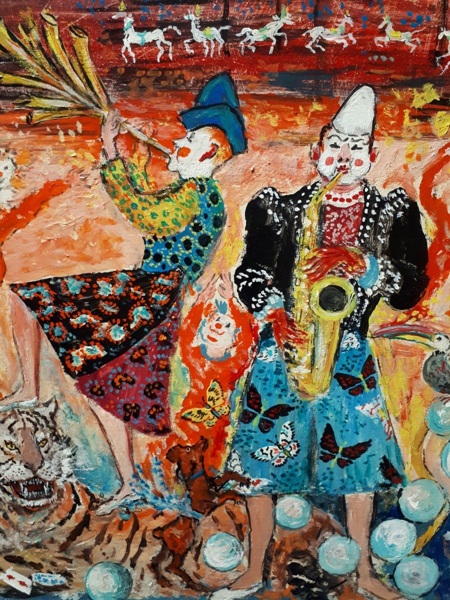 Mireille Richefort Oil On Panel Circus Scene - The Fratellini Clowns - Naive Art-photo-5