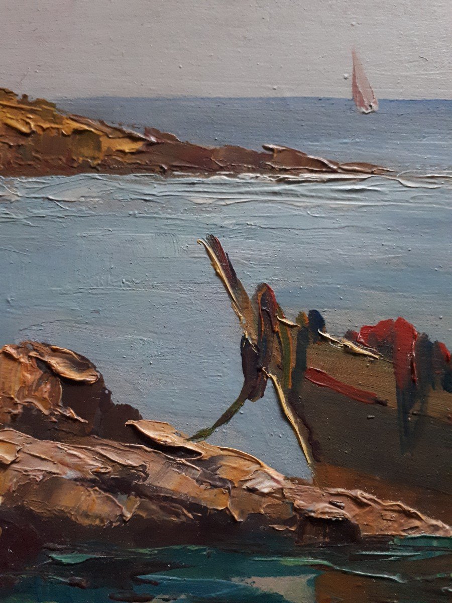 Guy Le Florentin (1907-1978) huile sur panneau marine paysage marin côtier-photo-2