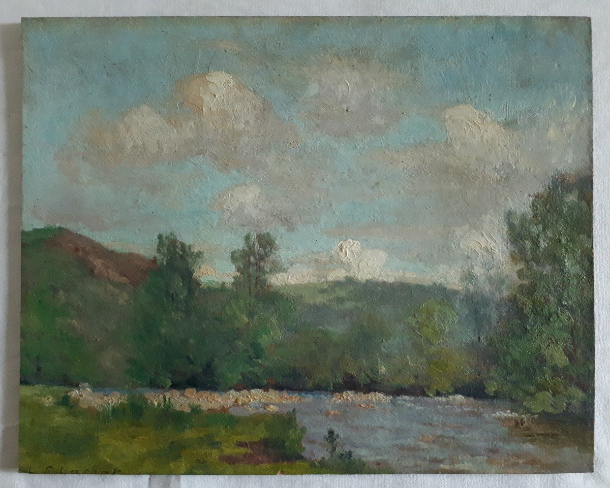 Louis François LACHAT (1873-1948) huile sur panneau paysage bord de rivière-photo-2