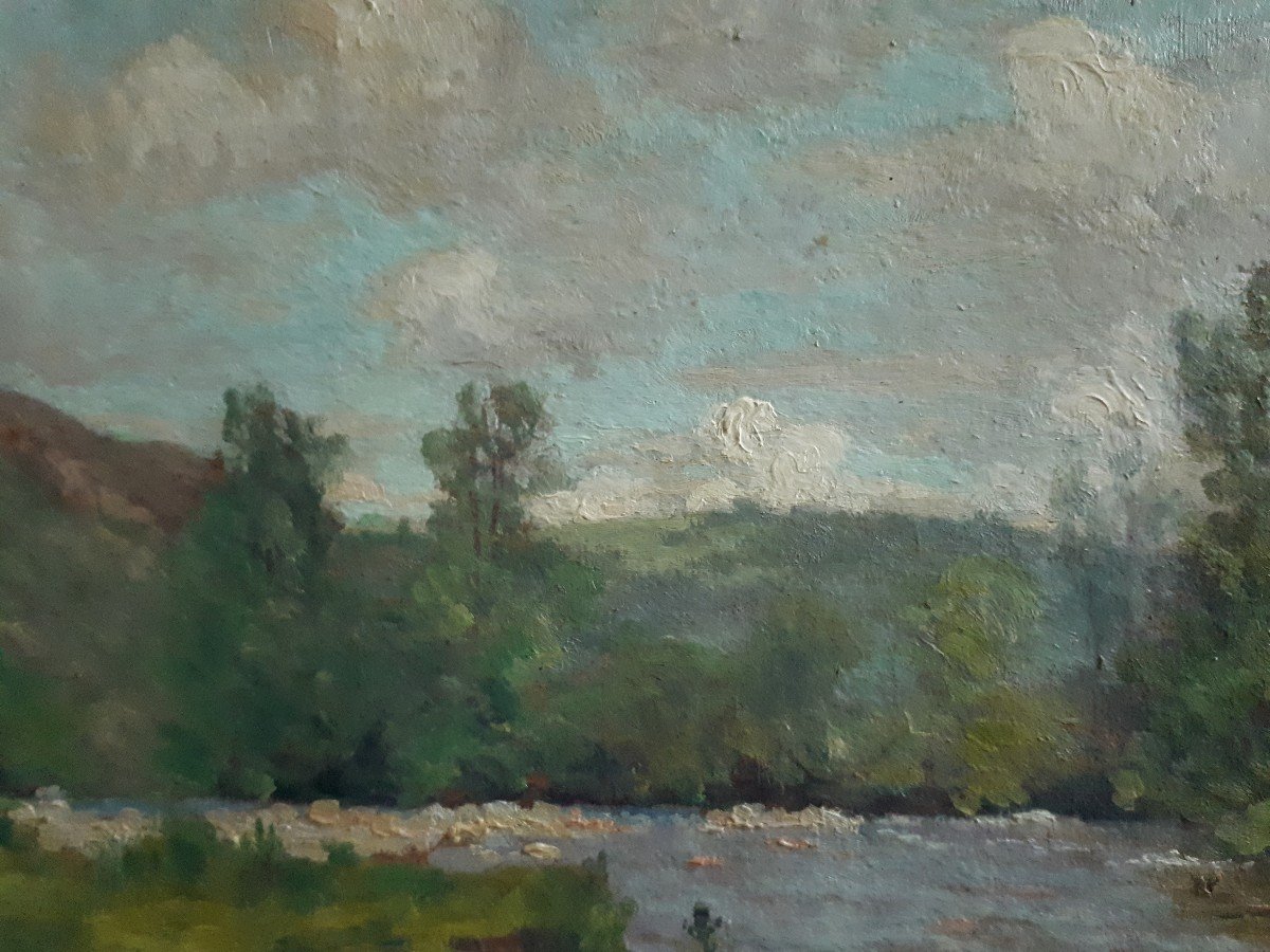 Louis François LACHAT (1873-1948) huile sur panneau paysage bord de rivière-photo-3