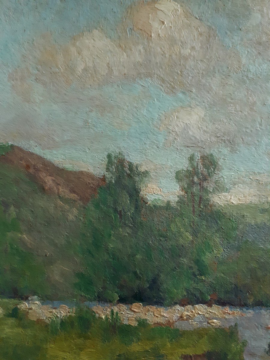 Louis François LACHAT (1873-1948) huile sur panneau paysage bord de rivière-photo-4