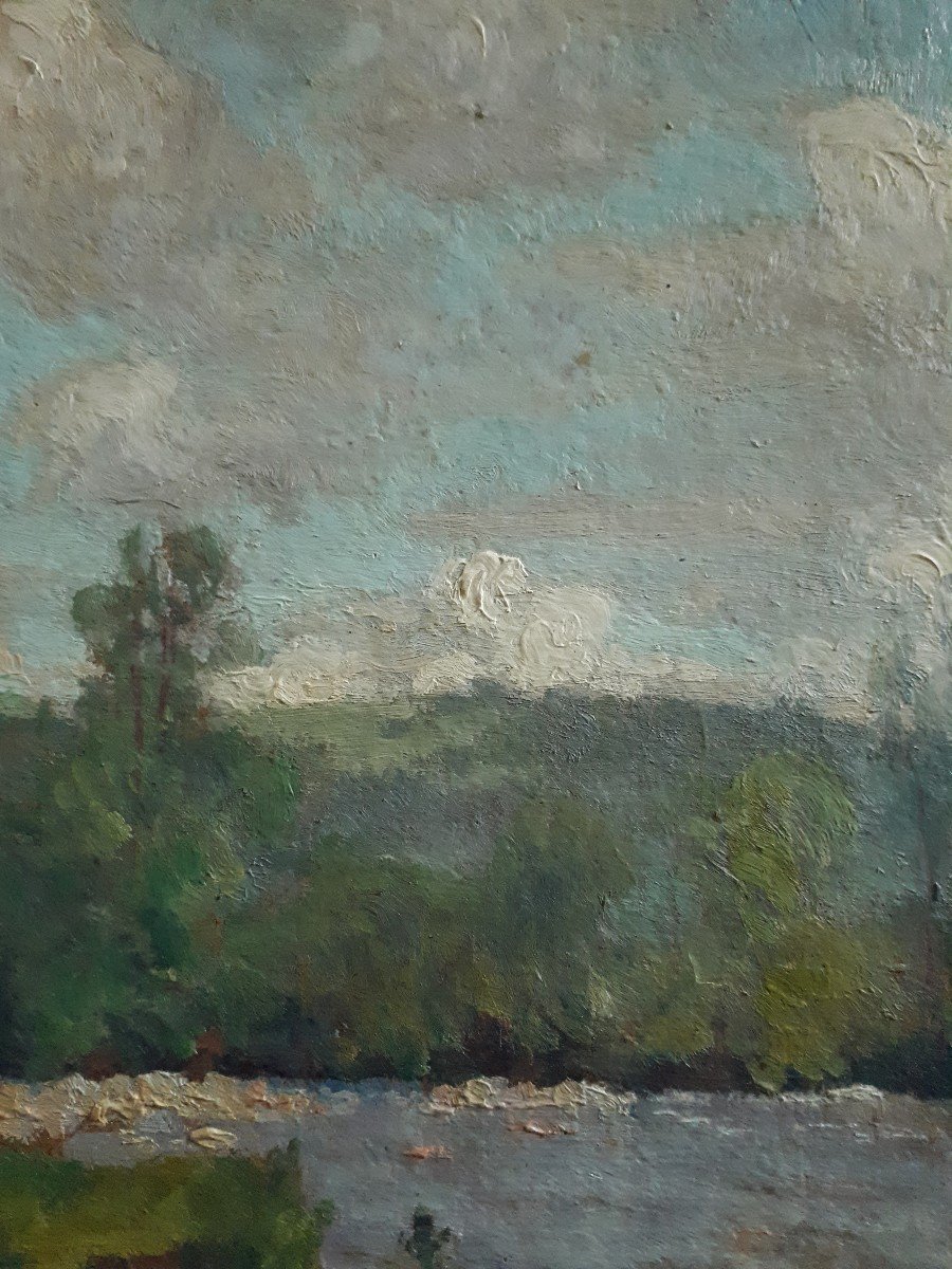 Louis François LACHAT (1873-1948) huile sur panneau paysage bord de rivière-photo-1