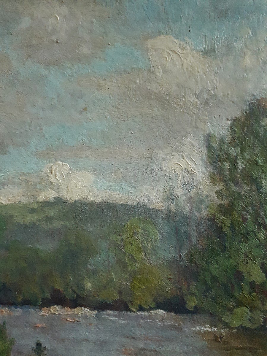 Louis François LACHAT (1873-1948) huile sur panneau paysage bord de rivière-photo-2