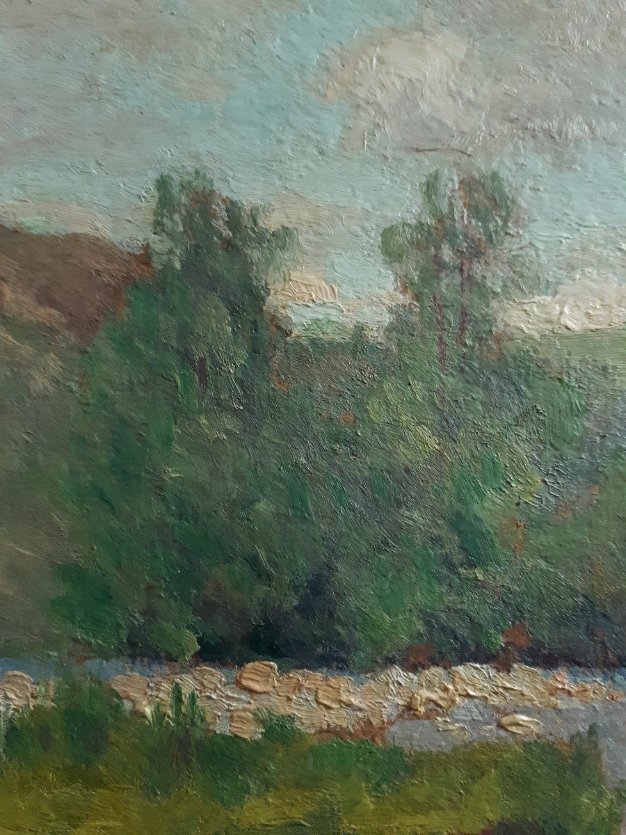 Louis François LACHAT (1873-1948) huile sur panneau paysage bord de rivière-photo-3