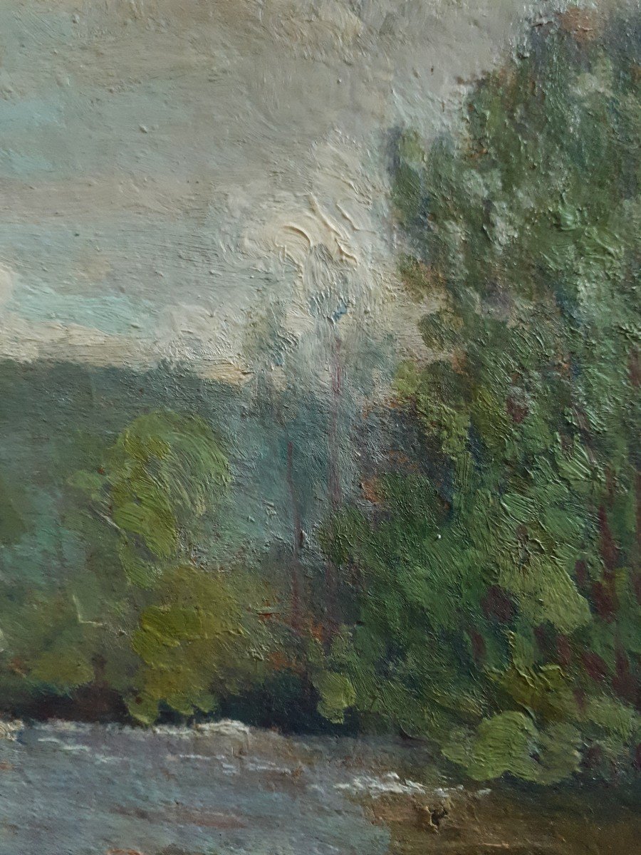 Louis François LACHAT (1873-1948) huile sur panneau paysage bord de rivière-photo-5