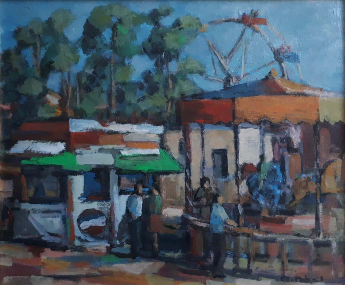 Raul Anton RIAL (1936-2001) huile sur panneau fête foraine manège Uruguay