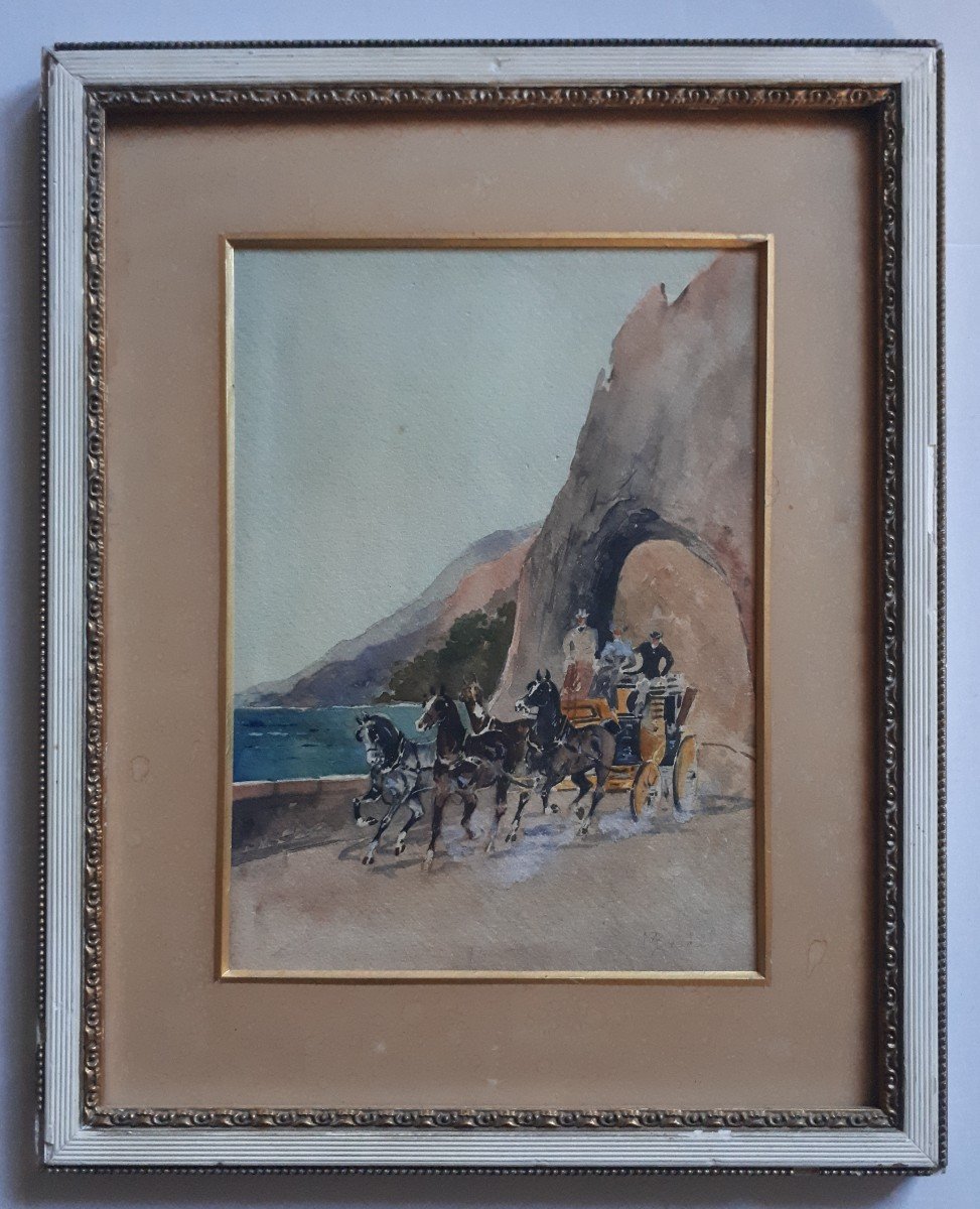 Marie Augustin Maurice BEDEL 19ème aquarelle bord de mer chevaux diligence carrosse-photo-2