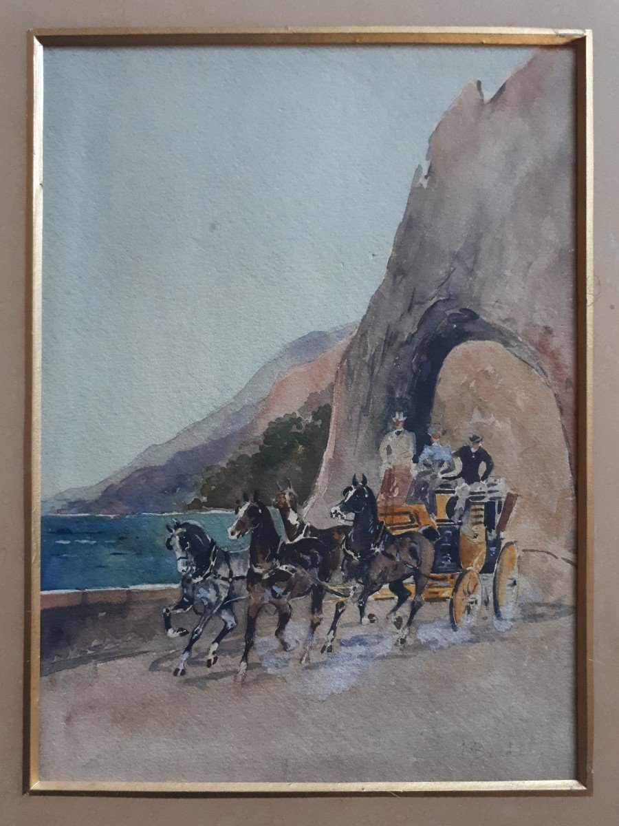 Marie Augustin Maurice BEDEL 19ème aquarelle bord de mer chevaux diligence carrosse-photo-3