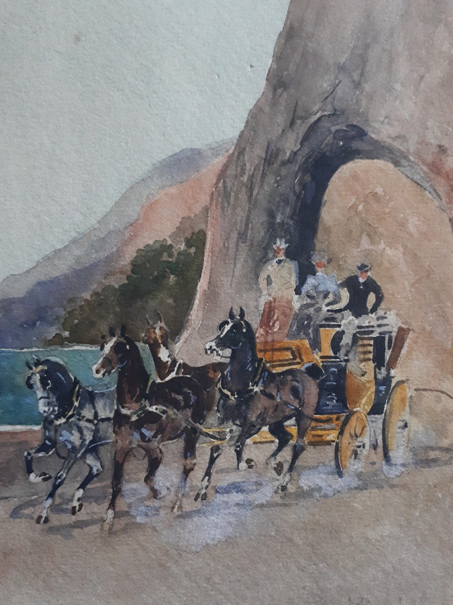 Marie Augustin Maurice BEDEL 19ème aquarelle bord de mer chevaux diligence carrosse-photo-4