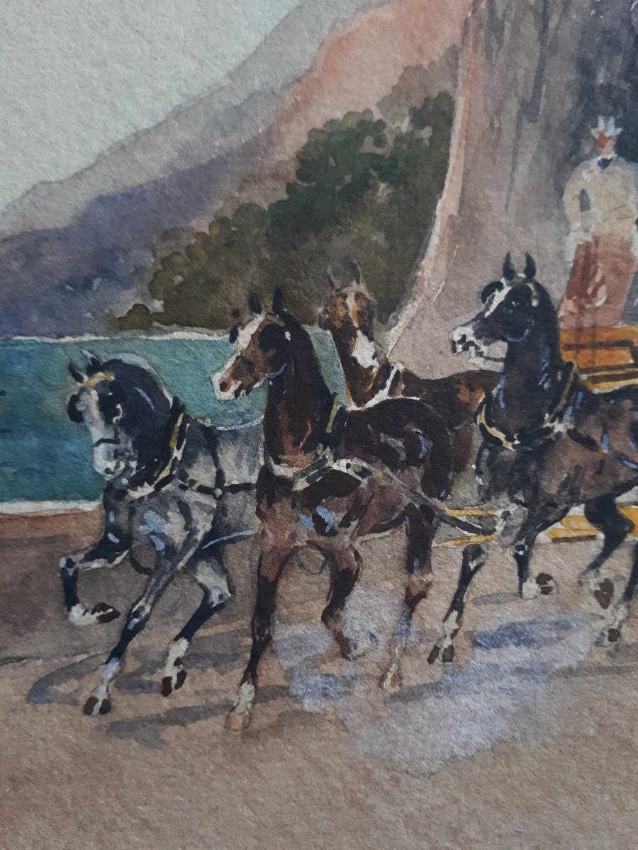 Marie Augustin Maurice BEDEL 19ème aquarelle bord de mer chevaux diligence carrosse-photo-1