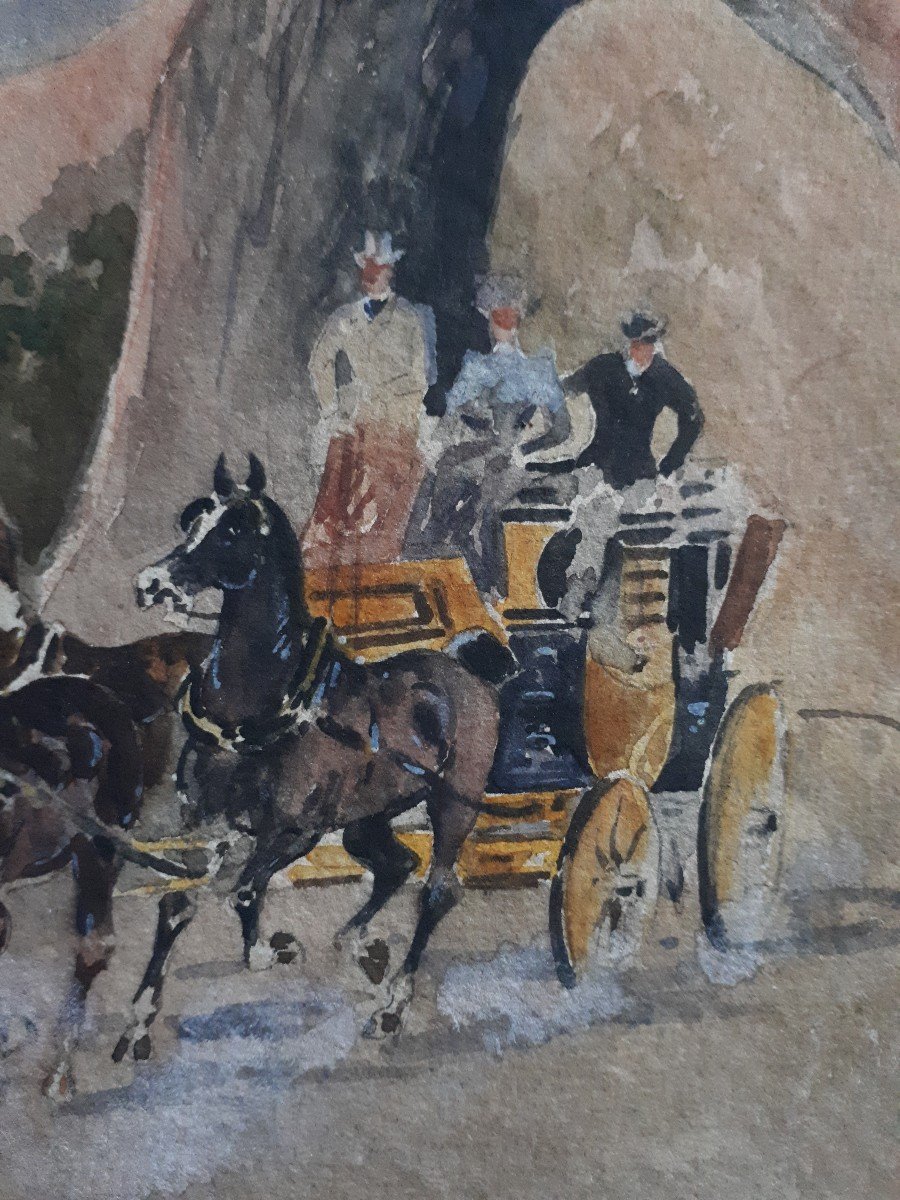 Marie Augustin Maurice BEDEL 19ème aquarelle bord de mer chevaux diligence carrosse-photo-2