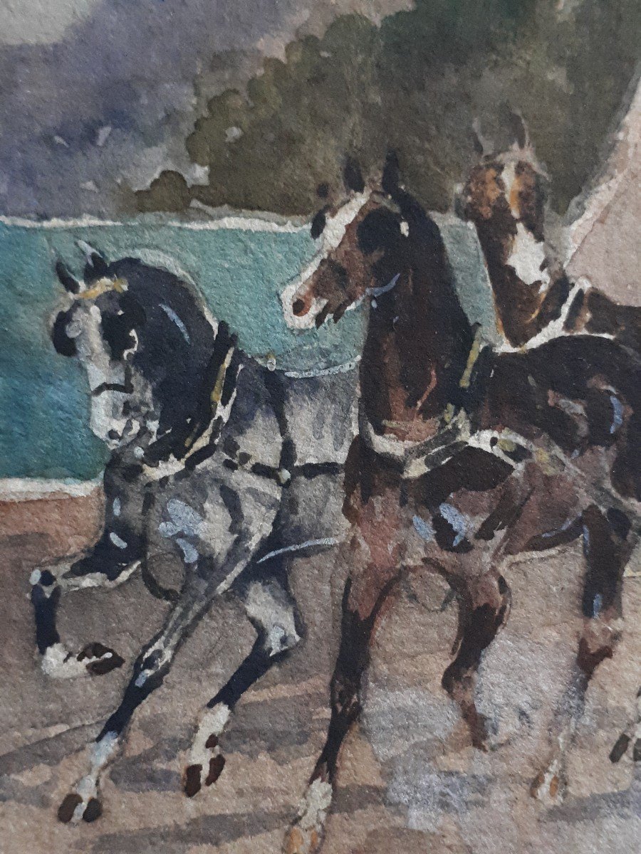 Marie Augustin Maurice BEDEL 19ème aquarelle bord de mer chevaux diligence carrosse-photo-3