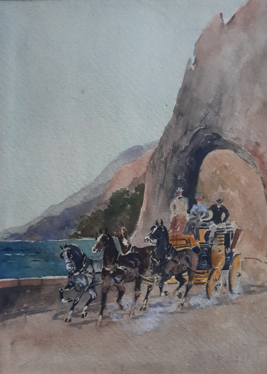 Marie Augustin Maurice BEDEL 19ème aquarelle bord de mer chevaux diligence carrosse