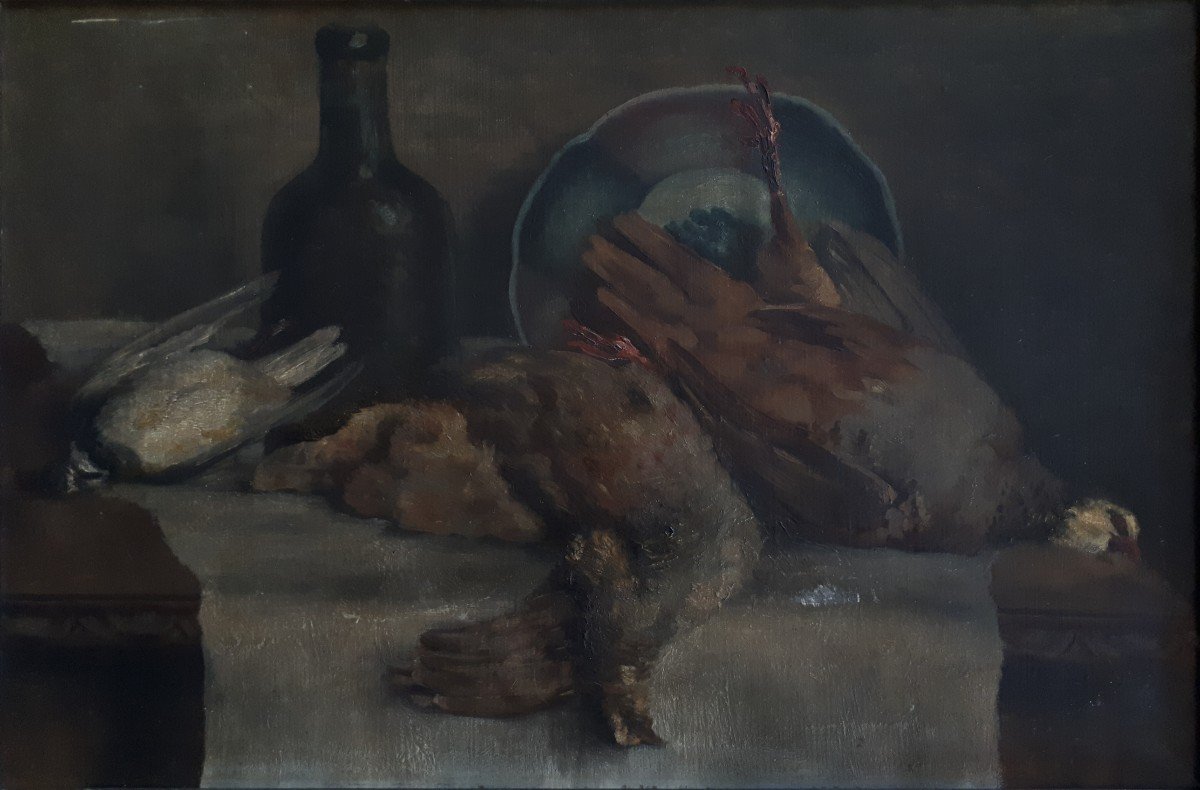 Still Life Returning From Hunting Game Partridge Oil On Panel 19th Century-photo-2