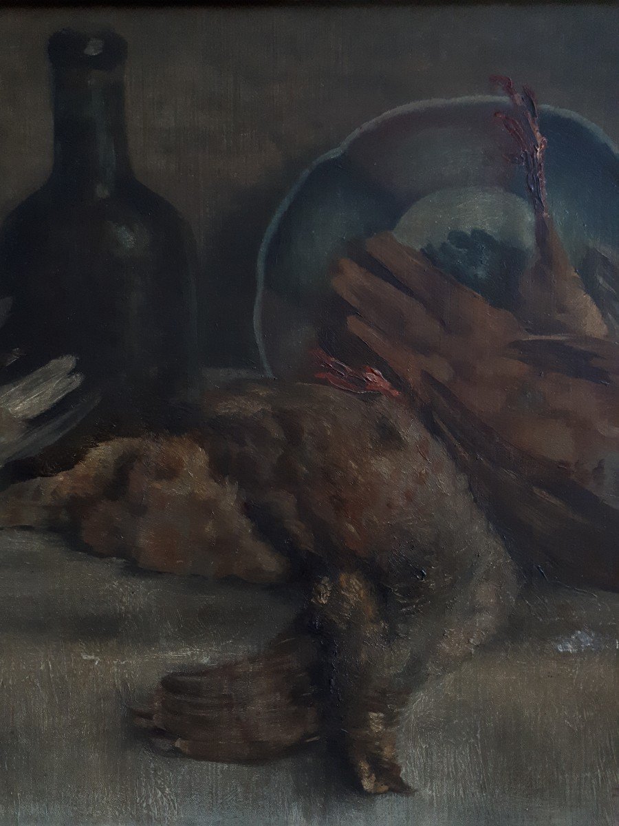 Still Life Returning From Hunting Game Partridge Oil On Panel 19th Century-photo-4