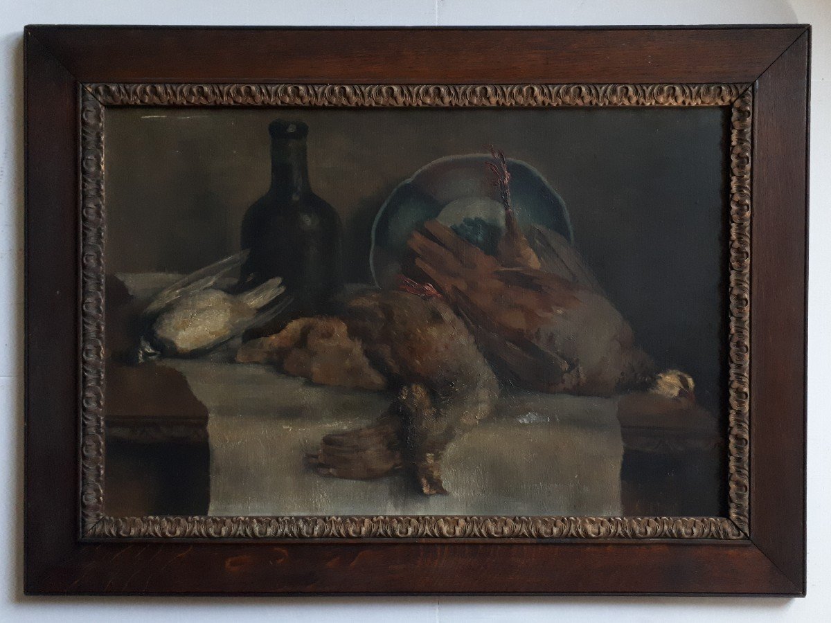 Still Life Returning From Hunting Game Partridge Oil On Panel 19th Century