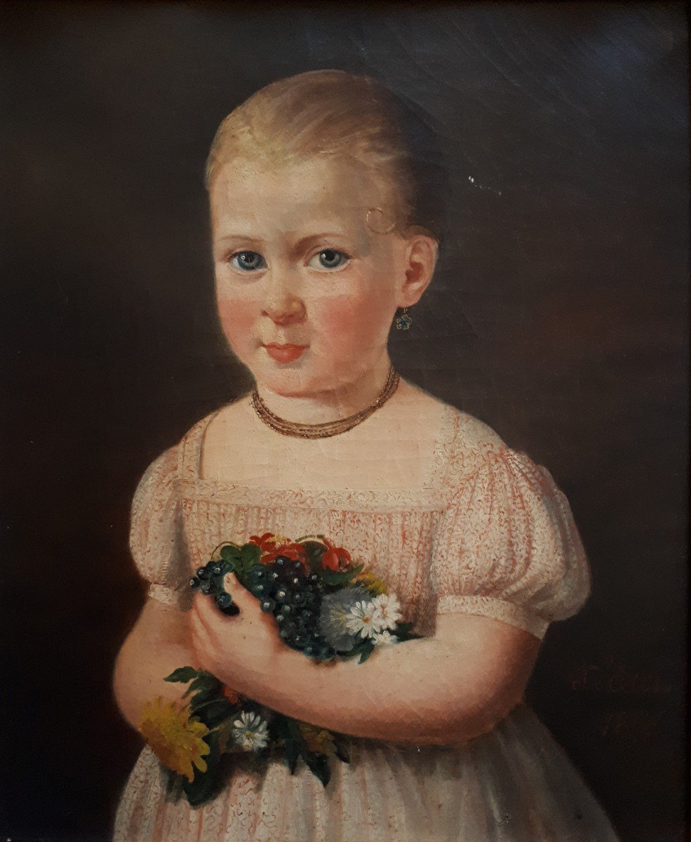 Inès d'Esménard 1786-1884 Oil On Canvas 19th Portrait Of A Little Girl Marie Perroncel 1856-photo-2