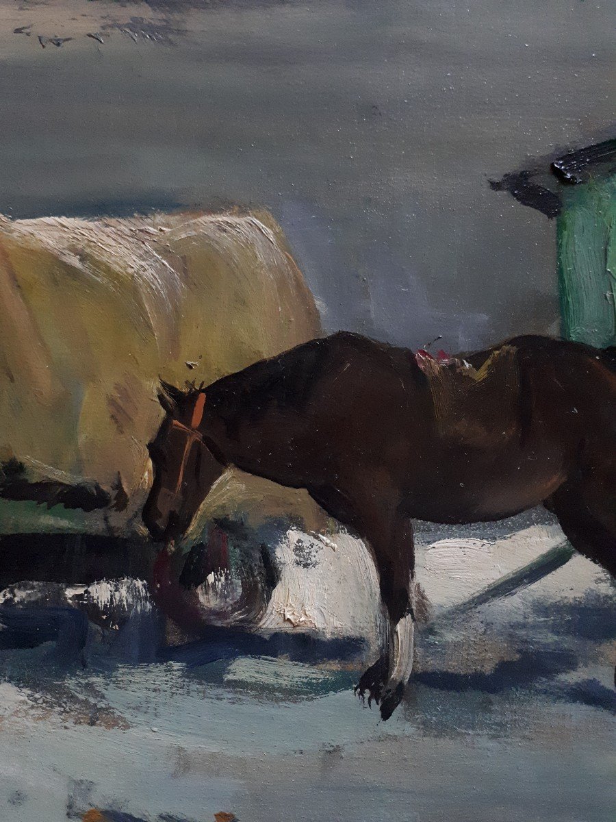 Gypsy Bohemian Camp Horses And Caravans Oil On Canvas (signed)-photo-3