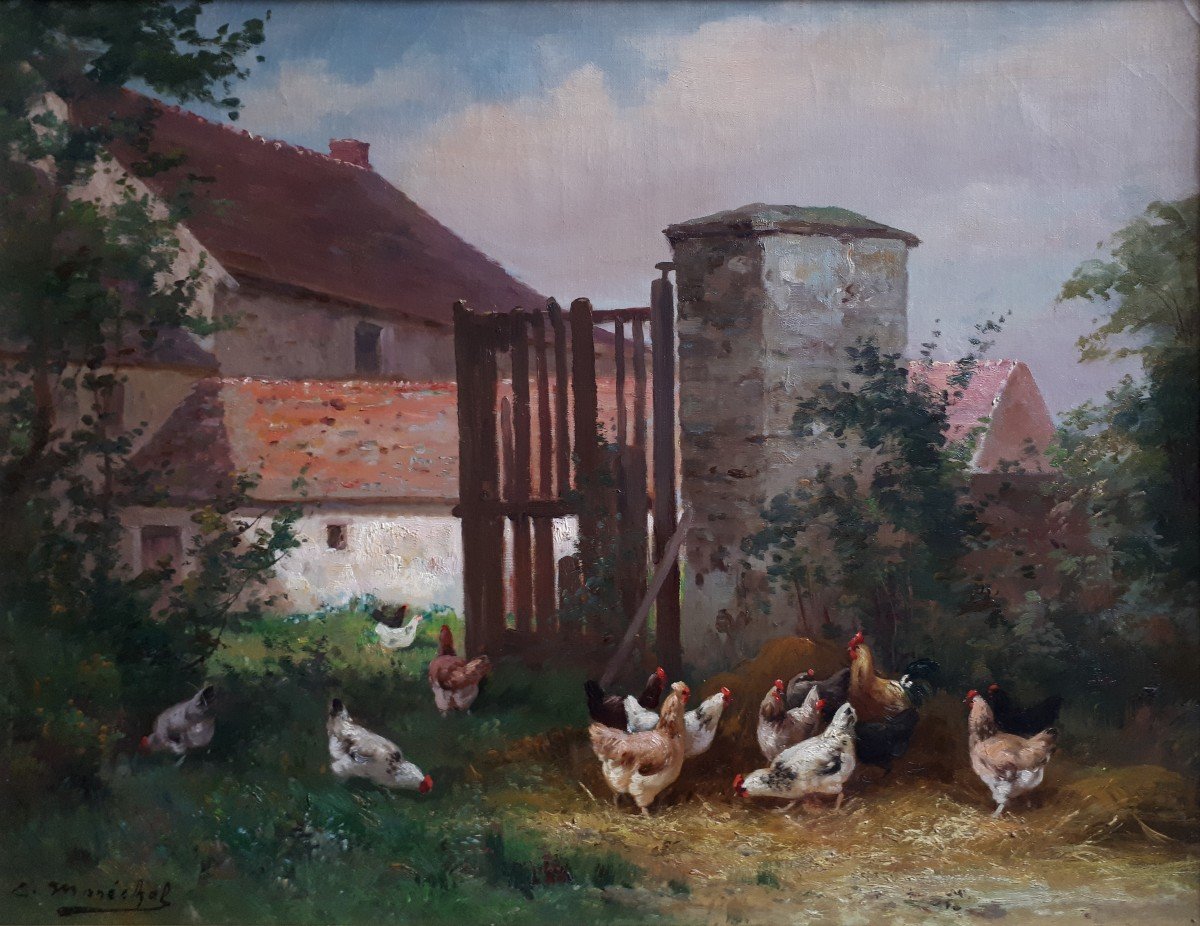 Charles MARECHAL (1865-1931) huile sur toile scène de basse-cour poules-photo-2