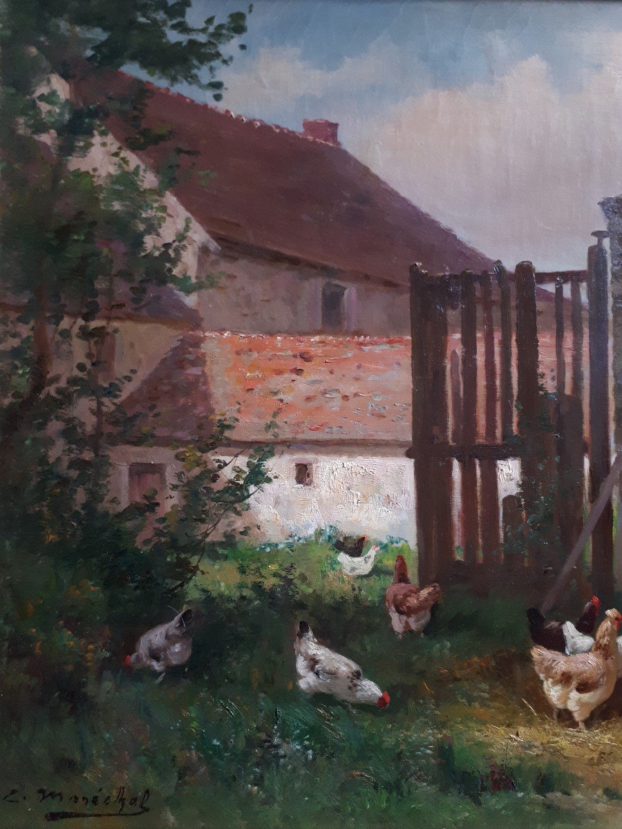 Charles MARECHAL (1865-1931) huile sur toile scène de basse-cour poules-photo-3